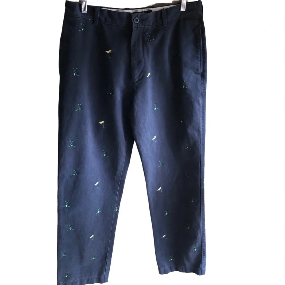 Vintage J. Crew Flat Front Broken In Chino. Navy w/ Golf Theme. Size 34W x 34L